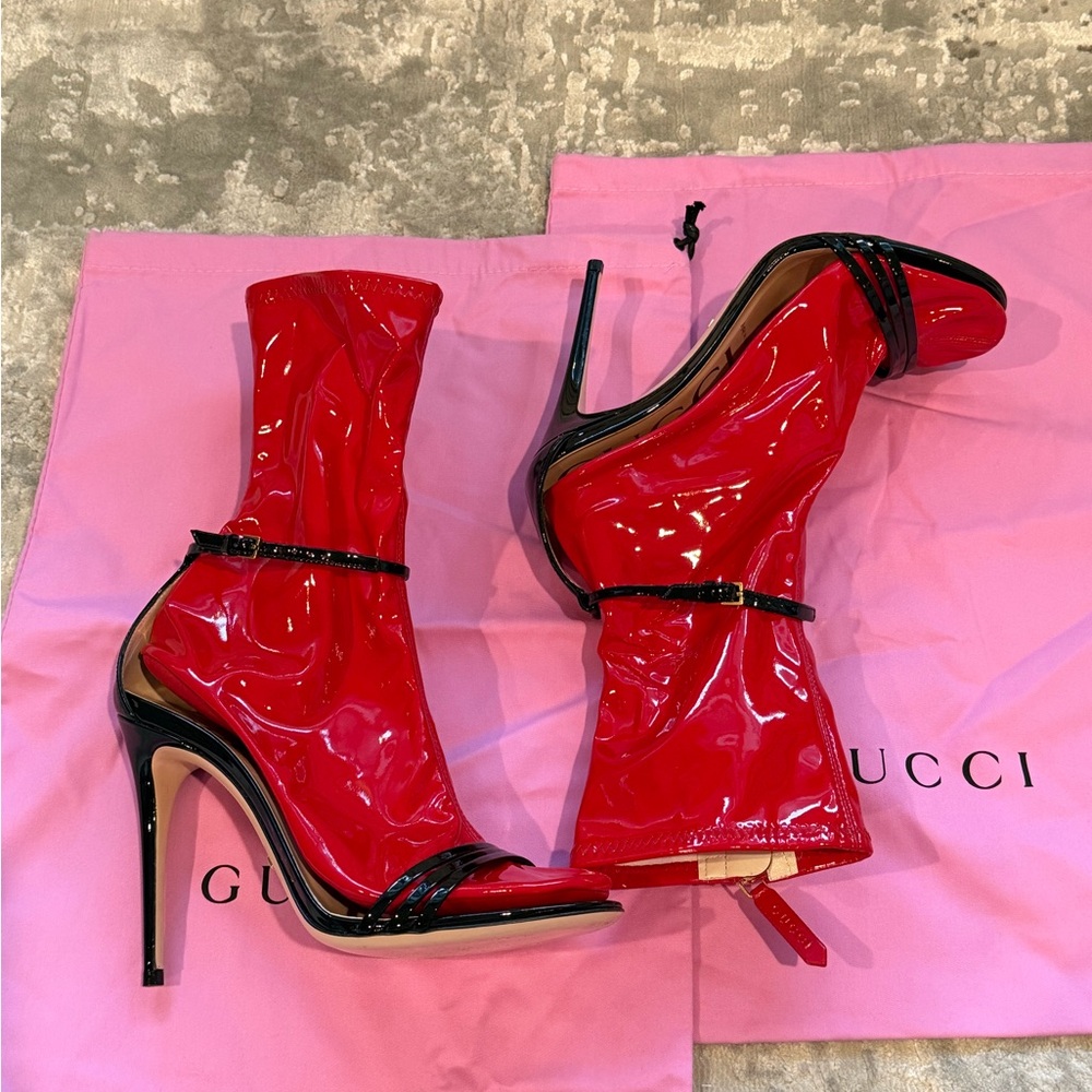Gucci Red Patent Leather Open-Toe Stiletto Boots with Black Trim - Picture 2 of 9